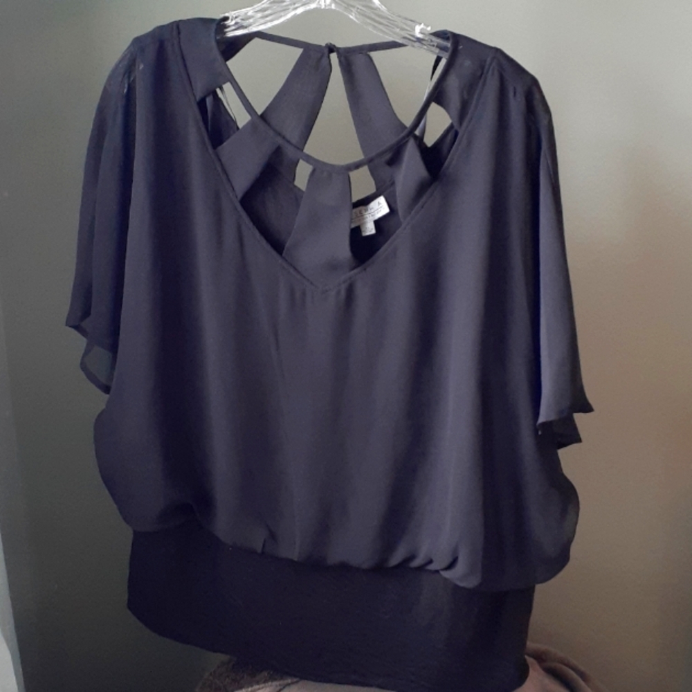 JOSEPH A. qu'est•ce que c'est silk XL black cut out sheer sleeves drop waist top